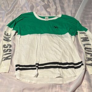Victoria's Secret PINK Green and White Long Sleeve Tee with Black Accents